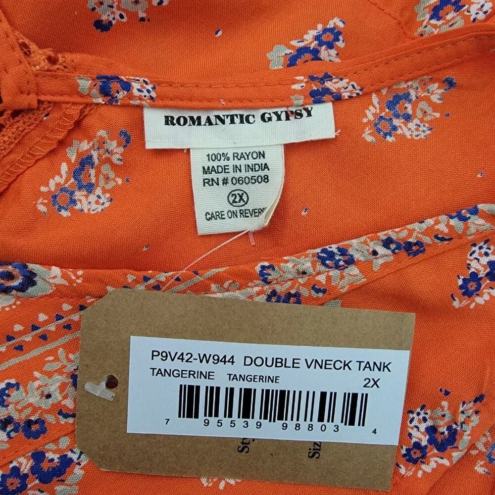 Romantic Gypsy Double V-Neck‎ Tank Top Plus Size 2X Rayon Sleeveless Orange NWT